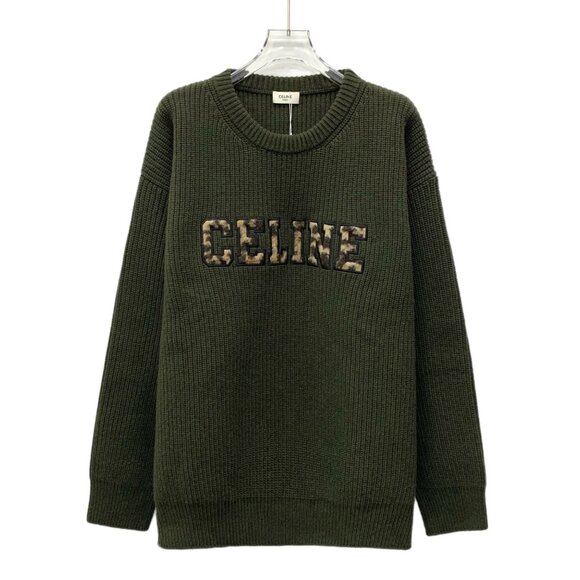 Celine Green velvet logo embroidery wool crewneck long-sleeve knit
